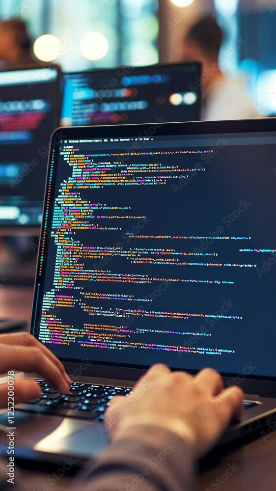 Poster coding during a late night session in a modern workspace filled with technology and vibrant screens