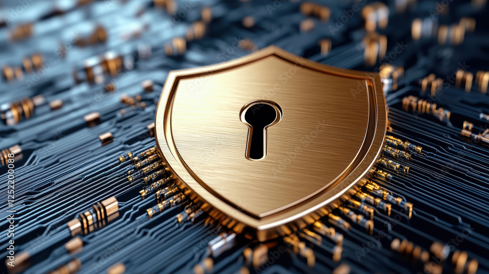 Poster digital shield symbolizing cybersecurity with keyhole design
