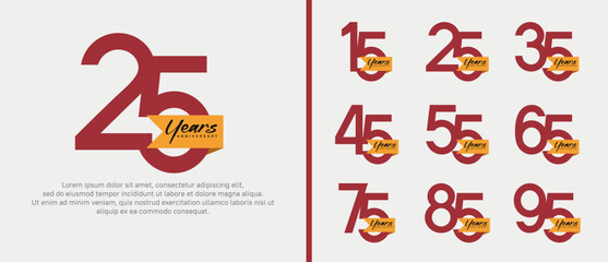 Naklejka premium anniversary logotype set. vector design red color with orange ribbon can be use for celebration event