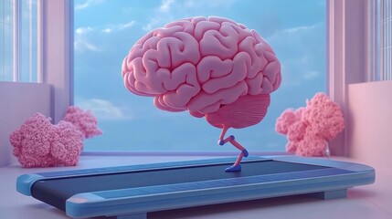 Brain Character Running on Treadmill in Vibrant Cartoon Style for Mental Exercise