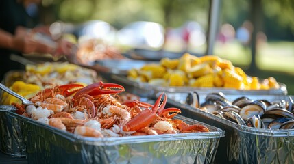 A seafood boil party scene with families serving themselves from a buffet-style setup in a park. 