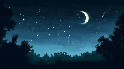 Crescent Moon and Starry Night over Silhouetted Forest