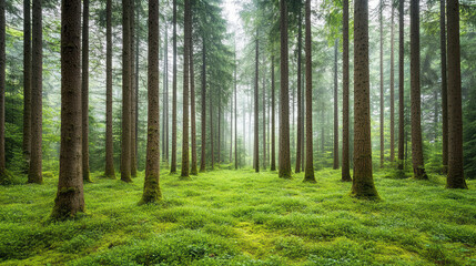 Obraz premium serene forest with towering trees and soft moss covering ground