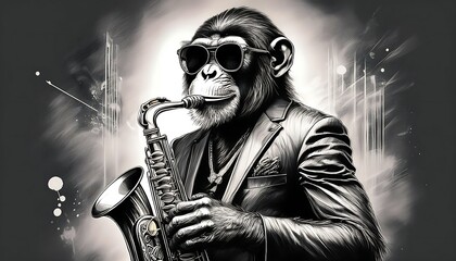 Cool Chimpanzee Jamming on a Saxophone in Stylish Sunglasses – Pencil Sketch