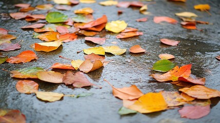 Wet autumn leaves on pavement; rainy day background