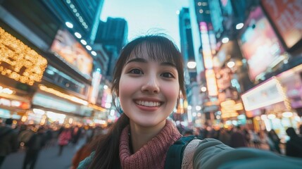 Obraz premium A selfie of a solo traveler in a bustling city square, with bright lights and lively crowds behind. 