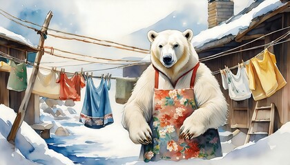 Polar Bear Hanging Laundry in a Floral Apron – Realistic Watercolor Illustration