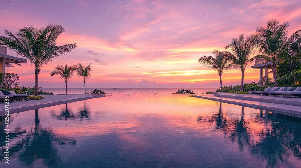 Poster a serene pool with flamingos reflected in the still water under a pink-hued sky.