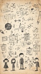 Fototapeta premium Sketches and cartoon people cover a textured light background