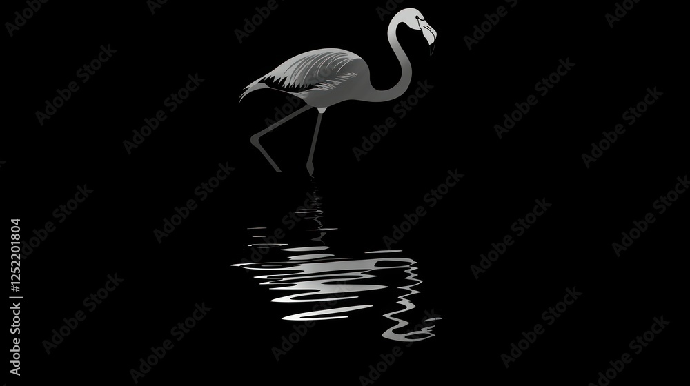 Poster A simple black flamingo silhouette standing in the water with its reflection visible. 