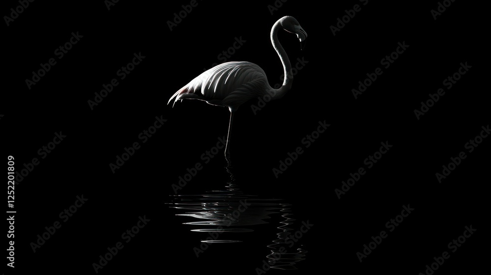 Poster A simple black flamingo silhouette standing in the water with its reflection visible. 