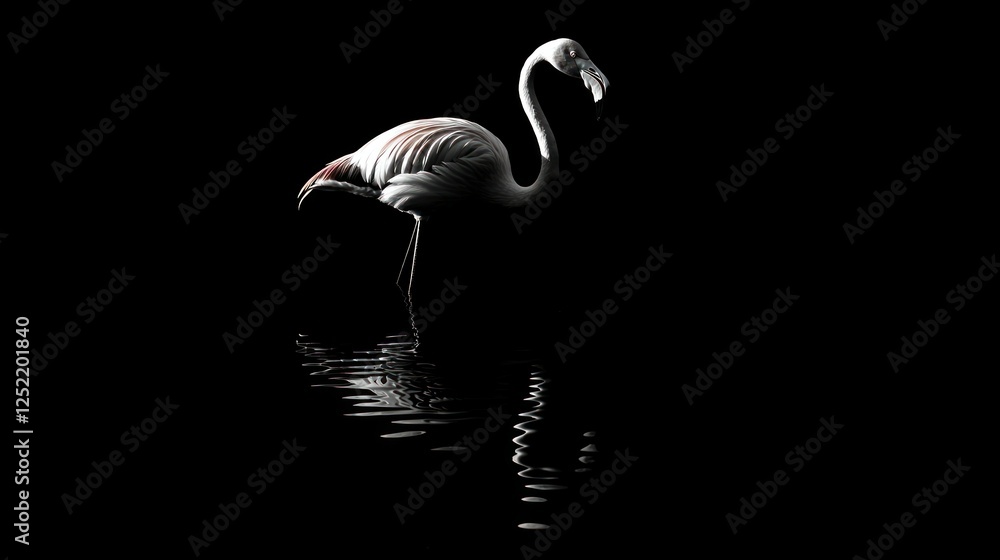 Poster A simple black flamingo silhouette standing in the water with its reflection visible. 
