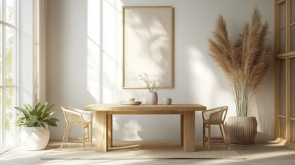 Serene Minimalist Interior with Natural Wooden Table and Scandinavian Decor in White Room