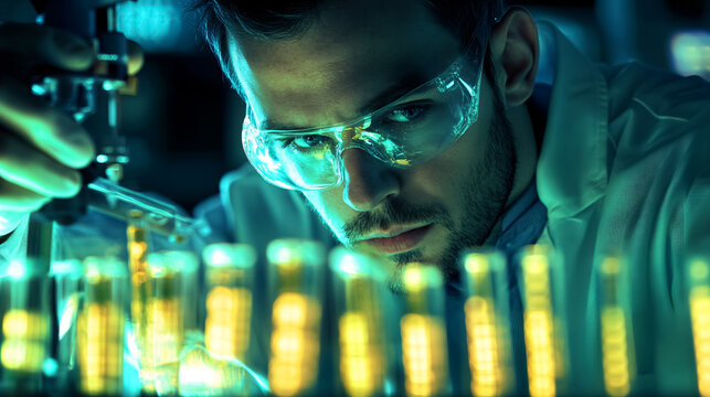 An image depicts scientific data processing alongside a Caucasian male scientist working with test tubes in a laboratory.