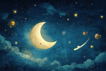 Obraz na płótnie Canvas Dreamy painting depicting a crescent moon and starry night