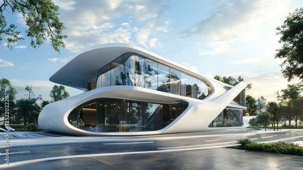 Poster a sleek and futuristic residential building in a modern property development project.