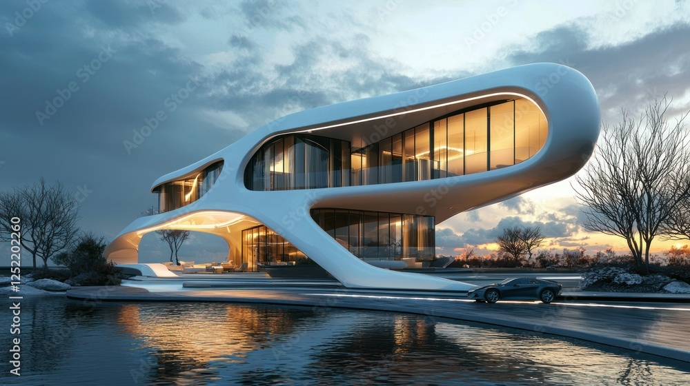Poster A sleek and futuristic residential building in a modern property development project. 