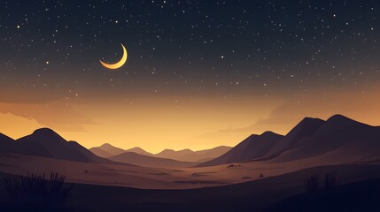 Crescent Moon over Desert Mountains at Night