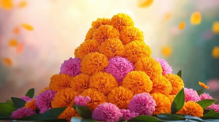 Festive Floral Celebration with Marigolds in Warm Light and Pastel Background