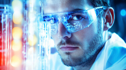 An image depicts scientific data processing alongside a Caucasian male scientist working with test tubes in a laboratory.