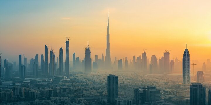 A skyline view with cranes actively constructing new buildings. 
