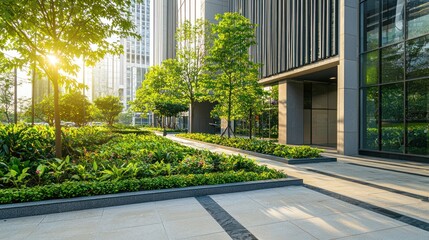 Naklejka premium A sleek office building nearing completion with landscaping underway. 