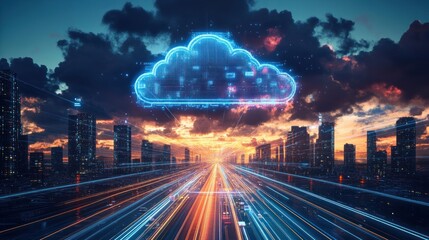 Futuristic Cityscape with Digital Cloud and Speeding Train
