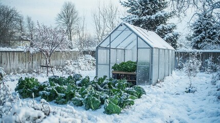 A small greenhouse in a snowy yard, filled with thriving winter vegetables like kale and spinach. 
