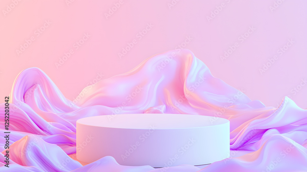Poster elegant display stand surrounded by flowing silk fabric studio setting 3d rendered image soft pastel