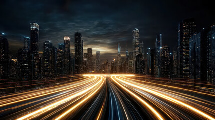Fototapeta premium futuristic cityscape with glowing streetlights and dynamic traffic