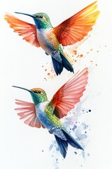 Fototapeta premium Vibrant Hummingbird Watercolor Illustration of Colorful Birds in Flight on White Background