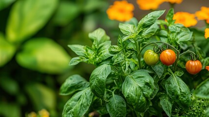 Fototapeta premium A small vegetable garden in a side yard, featuring tomatoes, basil, and marigolds. 