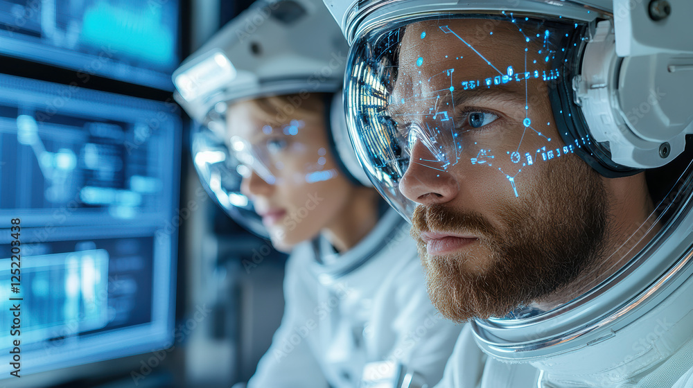 Poster futuristic astronauts analyzing data in high tech control room