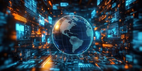 Digital global network connectivity and multimedia screens in a cyberpunk landscape