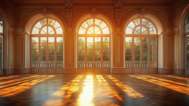 opulent baroque ballroom with large arched windows and intricate moldings luxurious palace interior