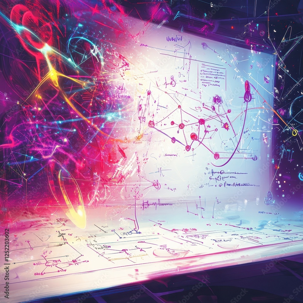 Poster abstract representation of complex equations and colorful light trails