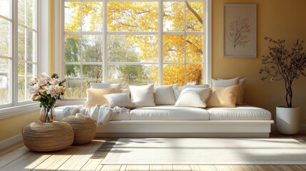 cozy living room backdrop image with large windows for online presentations and video meetings