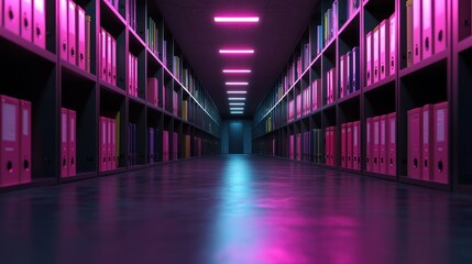 A vibrant, illuminated corridor lined with colorful file folders, leading to a mysterious doorway
