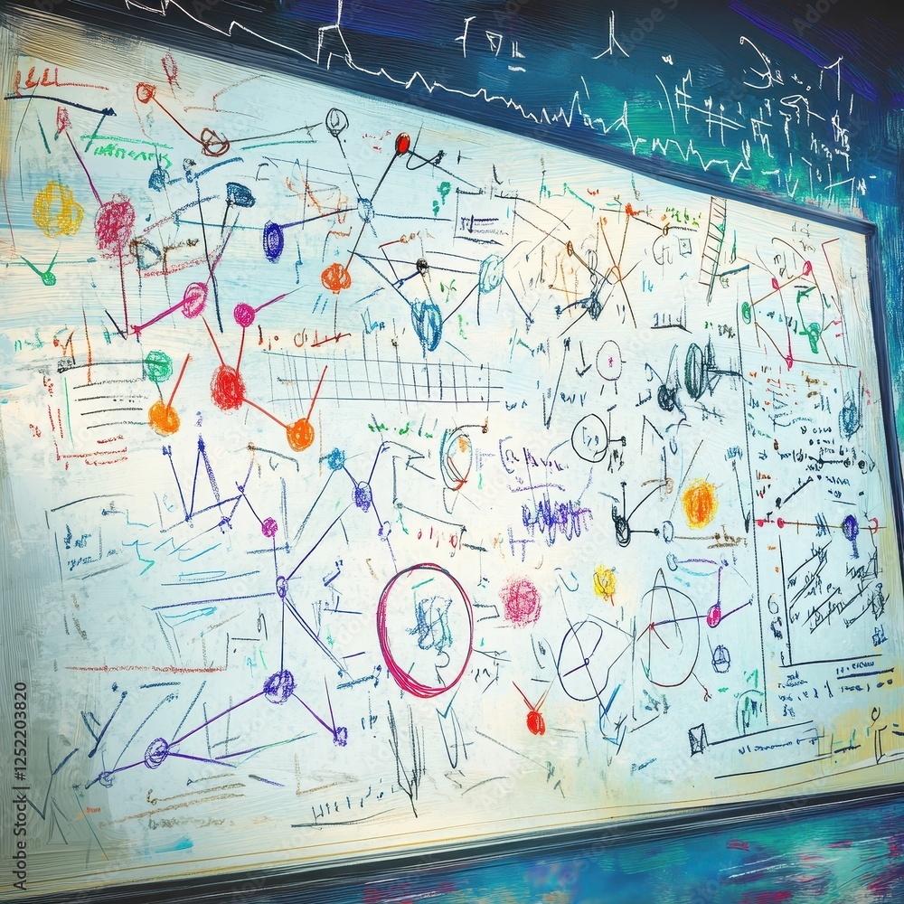 Poster whiteboard filled with colorful scientific formulas graphs and network diagrams