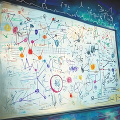 Whiteboard filled with colorful scientific formulas graphs and network diagrams