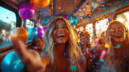 Happy young girls celebrating a fun hen party in the bus with colorful balloons and confetti during summer holiday