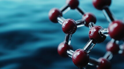 Close-up of molecular structure with red and transparent atoms against a blue water background