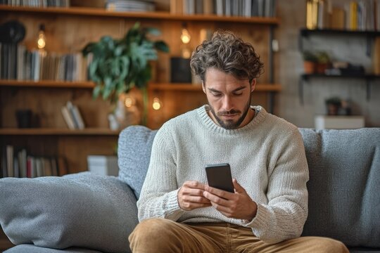 Frustrated man checking smartphone on gray sofa at home feeling stressed in casual sweater