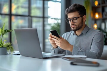 Frustrated man working in modern office using smartphone and laptop to solve technical issues and business stress