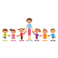 女の先生が子供達と手を繋いで一列に並んでいるイラスト