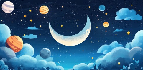 Cartoon depiction of a crescent moon in the night sky