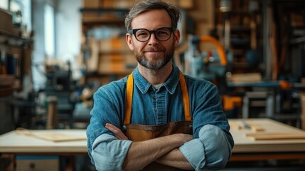 Obraz premium Skilled Craftsman in Workshop Completing Big Woodwork Project