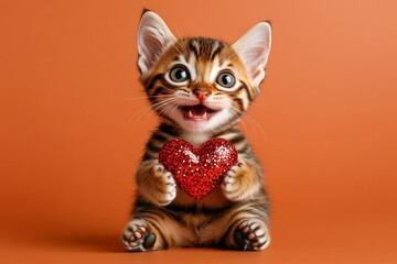 Cute bengal baby cat cub with sparkling rhinestones red heart - emblem of love, funny greeting card. Commercial creative. Bengal - my desired cat. Romantic kitten picture. February red kitten.
