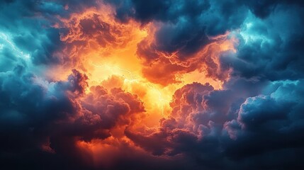 Dramatic stormy sky with turbulent clouds lightning vivid orange and deep blue hues sun peeking through