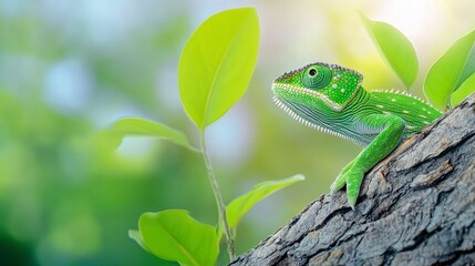 Fototapeta premium Green Lizard on Tree Branch Surrounded by Fresh Green Leaves